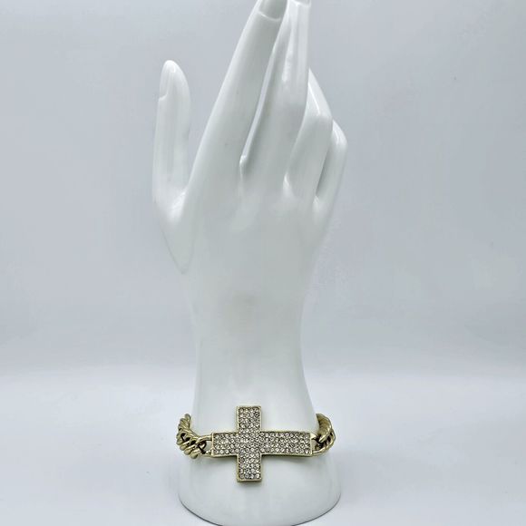 Pave Cross Bracelet Women Rhinestone Religious Gold Tone Crystal Links Jewelry - Picture 7 of 8